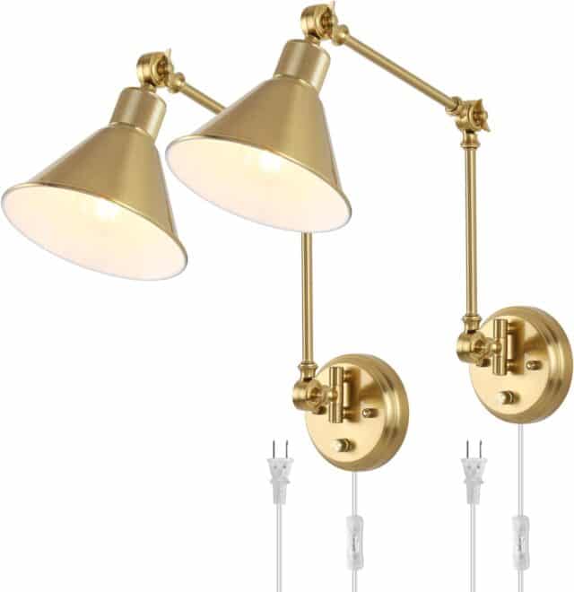 TRLIFE Wall Sconces Plug in, Dimmable Wall Sconces Brushed Brass Swing Arm Wall Lights Plug in Wall Mounted Light Industrial Wall Lights with 6FT Plug in Cord, E26 Base, UL Listed