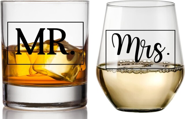 COOL AF Mr and Mrs Whiskey and Wine Glass Gift Set for best gift for parents anniversary