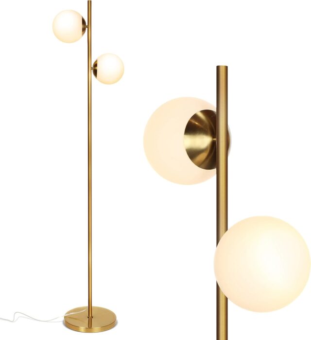 Mid Century Modern 2 Frosted Glass Globe Floor Lamp for Living Room,Contemporary LED Standing Light, Gold Corner Pole Lamp for Office Bedroom, Study Room, Hotel, Antique Brass Standing Lighting