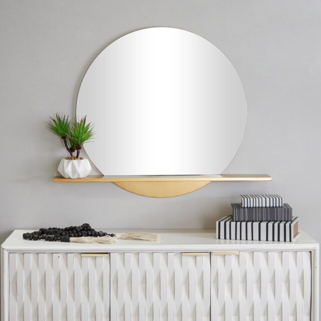 Deco 79 Metal Room Wall Mirror 1 Shelf Entryway Mirror, Wall Mounted Mirror 35" x 4" x 28", Gold for Amazon home decor