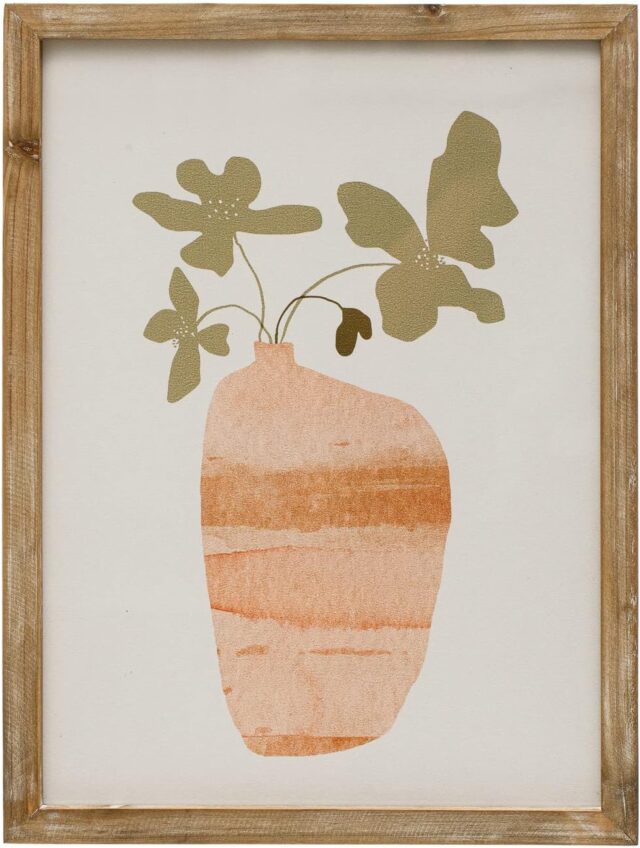 Bloomingville Abstract Face Fir Wood Frame Wall Art, Black Scandinavian Wood Framed Flowers in Vase Wall Art