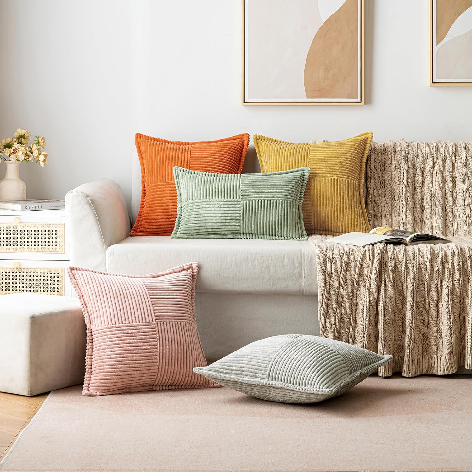 MERNETTE Pack of 2, Corduroy Soft Decorative Square Throw Pillow Cover Cushion Covers Pillowcase, Home Decor Decorations for Sofa Couch Bed Chair 20x20 Inch/50x50 cm (Striped Peach Pink) MIULEE Gold Corduroy Pillow Covers 18x18 Inch with Splicing Set of 2 Soft Boho Striped Pillow Covers Broadside Decorative Textured Summer Pillowcases for...