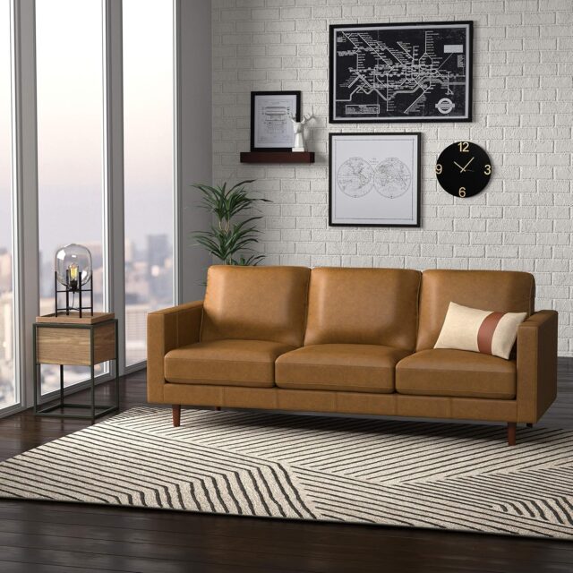 Amazon Brand – Rivet Brooke Contemporary Mid-Century Modern Tufted Leather Sofa Couch, 82"W, Cognac Amazon Brand - Rivet Revolve Modern Sofa Couch, 80"W, Caramel Leather for amazon home decor