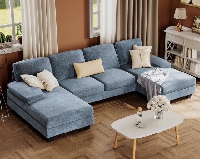 Furmax Sectional Couches for Living Room, U-Shaped Sofa Couch with Linen Fabric, 4 Seat Sofa Set with Double Chaise for Apartment