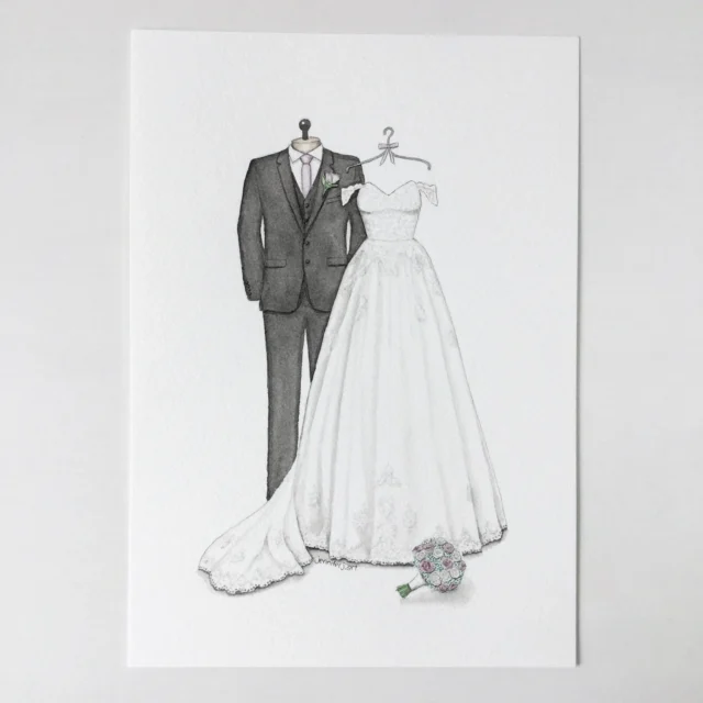 CUSTOM Wedding dress and suit sketch illustration for best gift for parents anniversary