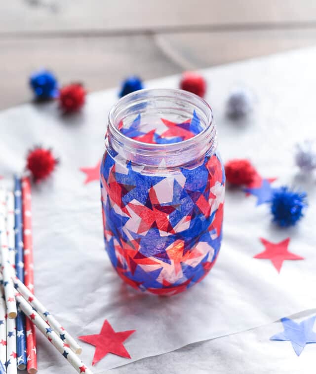 Tissue Paper Stained Glass Mason Jar – Red, White and Blue Mod Podge Mason Jar.