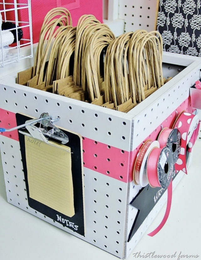 Here’s how to make a peg board box and a gift wrapping station.
