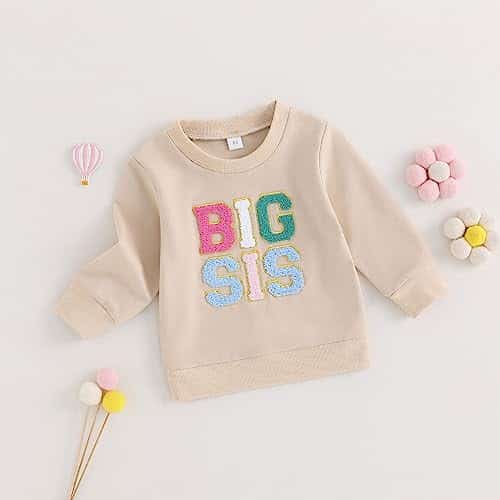 Baby Girl Sweatshirt Romper Fall Clothes Letter Long Sleeve Crew Neck Sister Matching Outfit (Big Sis Apricot, 6-12 Months)