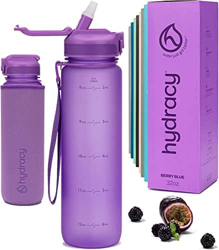 Hydracy Water Bottle with Times to Drink & Straw - Large 32 Oz BPA Free Motivational Water Bottle & No Sweat Sleeve -Leak Proof Gym Bottle with Time Marker - Ideal Gift for Fitness, Sports & Outdoors