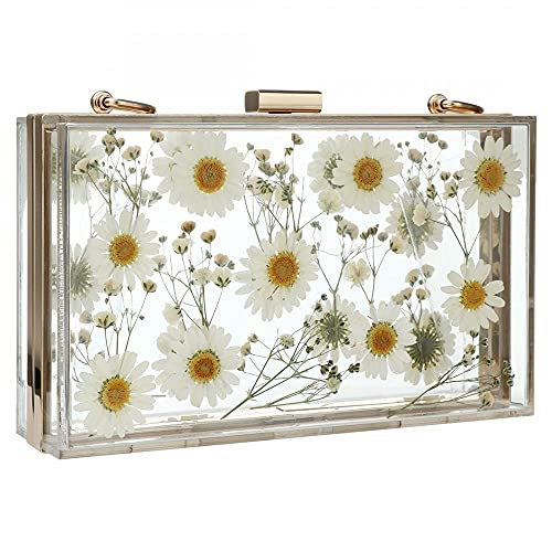 Clear Acrylic Purses and Handbags with Dried Flowers for Women Box Clutch Elegant Banquet Evening Crossbody Handbag (White b)