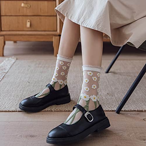 PoiLee Womens Sheer Socks Fashion Floral Summer Transparent Thin Mesh Lace Elastic Jacquard Crystal Glass Socks