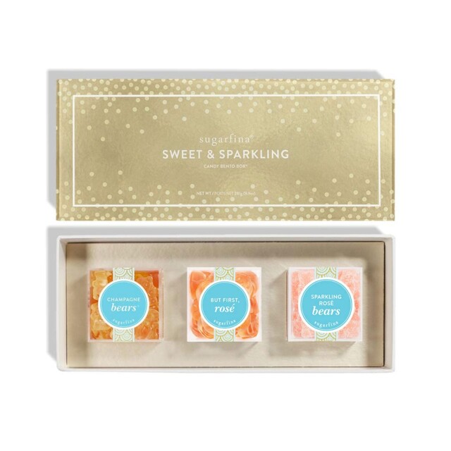 Sugarfina Gifts- 3 Piece Candy Bento Box featuring Champagne Gummy Bears for hostess gifts