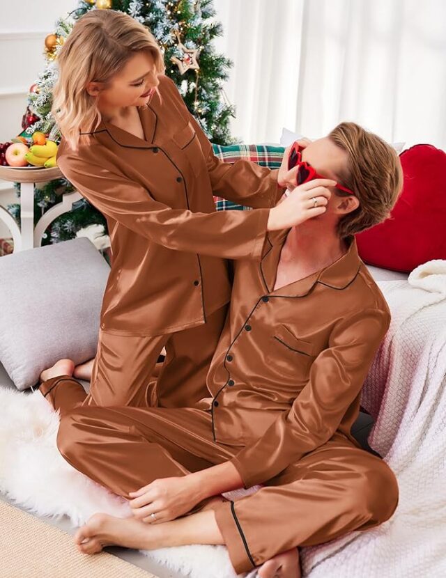 Ekouaer Couples Matching Pajamas Silk Long Sleeve Sleepwear Satin Soft Button Down Loungewear Pjs Set S-XXL