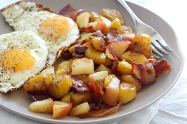 Sweet Plantain Apple Bacon Breakfast Hash {Paleo & Whole30}