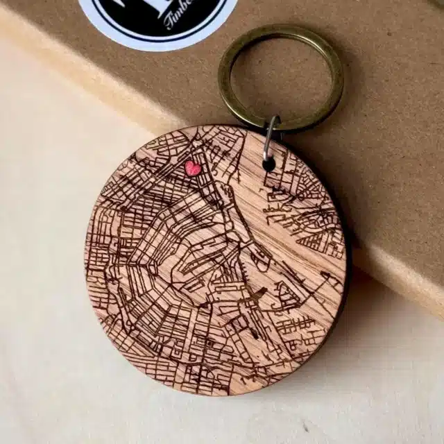 Laser Engraved Keyring | Personalised Map | Solid Oak Wood for personalized valentine's day gifts