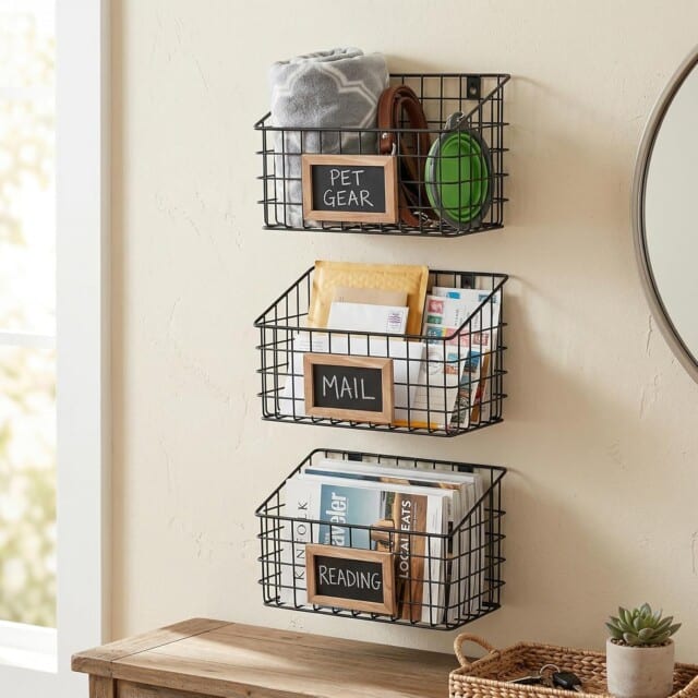 Matte Black Metal Wire Storage Baskets with Chalkboard Labels, Small Hanging Organizer Bins for Home Entryway Kitchen Pantry.