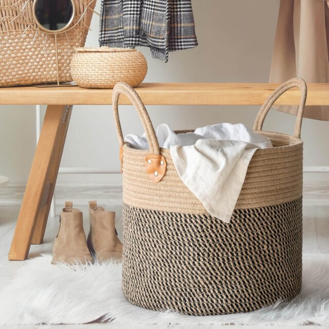 Wicker Laundry Basket With Handles, Storage Baskets for Decor, Rope Basket for Blankets, Toys, Clothes, Shoes, Plant Basket for Living Room