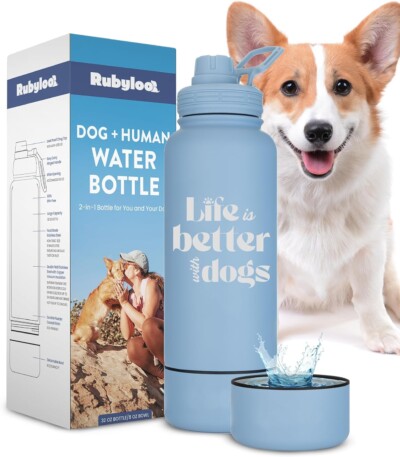 Dog Water Bottle for Dog Lovers - 32 oz Stainless Steel Double Wall Insulated Water Bottle with 8 oz Attached Dog Bowl - Best Dog Mom Gifts for Women - “Life is Better with Dogs” - Dusty Blue