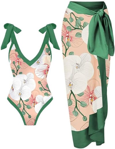 Women One Piece Swimsuit with Matching Cover Ups Floral Sexy Bikini Sets High Cut Push Up Two Pieces Bathing Suit