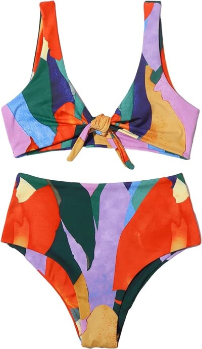 GORGLITTER Women's High Waisted Bikini Set Colorblock Graphic Swimsuit Tie Front Bathing Suit