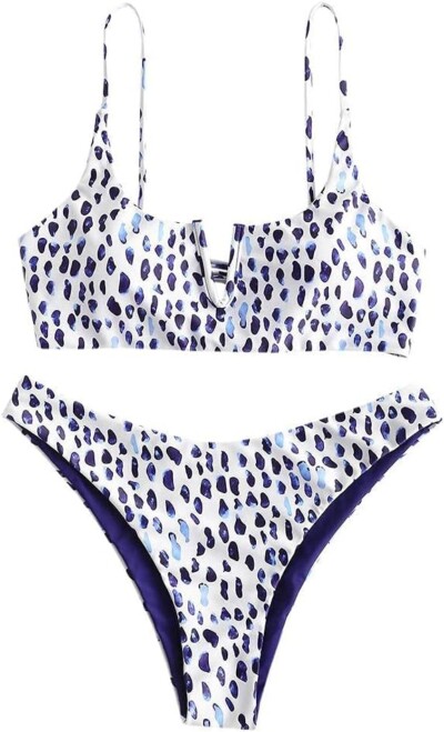 ZAFUL Women's Leopard Bikini Set V Wired Animal Print Ribbed Colorblock Swimsuit High Cut Two Piece Swimwear for best amazon womens swimsuits