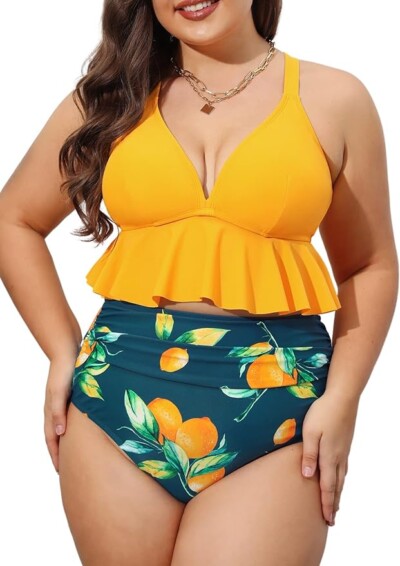 CUPSHE Women Swimsuit Plus Size Bikini Set Two Piece Bathing Suit V Neck High Waisted Flowy Ruffle Hem Floral for amazon womens swimsuits