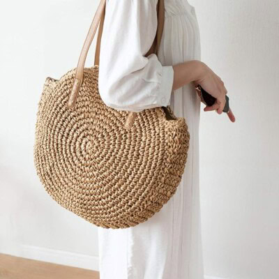 Straw Handbags Women Handwoven Round Corn Straw Bags Natural Chic Hand Large Summer Beach Tote Woven Handle Shoulder Bag