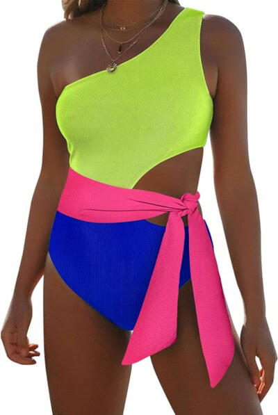 One Piece Bathing Suit for Women One Shoulder Cut Out Swimsuit Ribbed Color Block Monokini Tie Side Waist Swimwear
