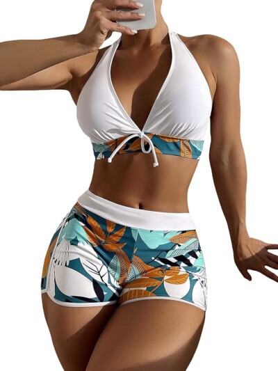 MakeMeChic Women's Halter Top Floral Swim Shorts Bikini Set 2 Piece Swimsuit Bathing Suit