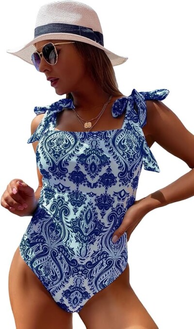 Floerns Women's Tie Shoulder Onepiece Swimsuit Floral Print Monokini Swimwear