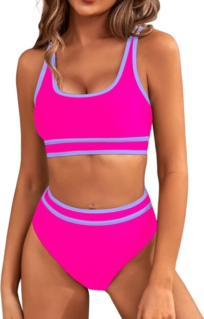 BMJL Women's High Waisted Bikini Sets Sporty Two Piece Swimsuits Color Block Cheeky High Cut Bathing Suits
