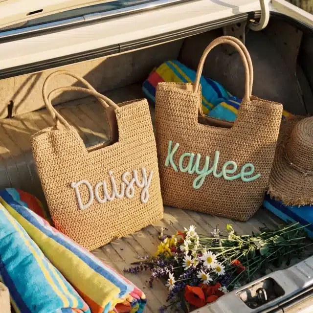 Personalized Straw Beach Tote Bag, Bachelorette Party Favors, Custom Chenille Name Girls Trip Pool Bag, Bridesmaid Gift, Summer Vacation