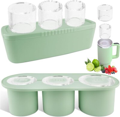 Fu Store Ice Cube Tray for Stanley Cup 30-40 oz Tumbler 3pcs Silicone Ice Cube Molds With Lid and Bin for Chilling Cocktails Whiskey Drinks Juice Coffee Easy Fill and Release Ice Maker(Green, 40 oz)