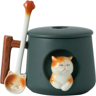 Ceramic Cat Mug with Lid and Spoon 