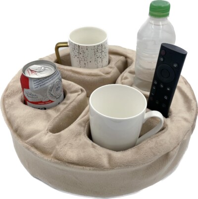 Couch and Bed Cup Holder Pillow, Sofa Organizer Caddy for Drinks, Remotes, Phones, Snacks (Beige)