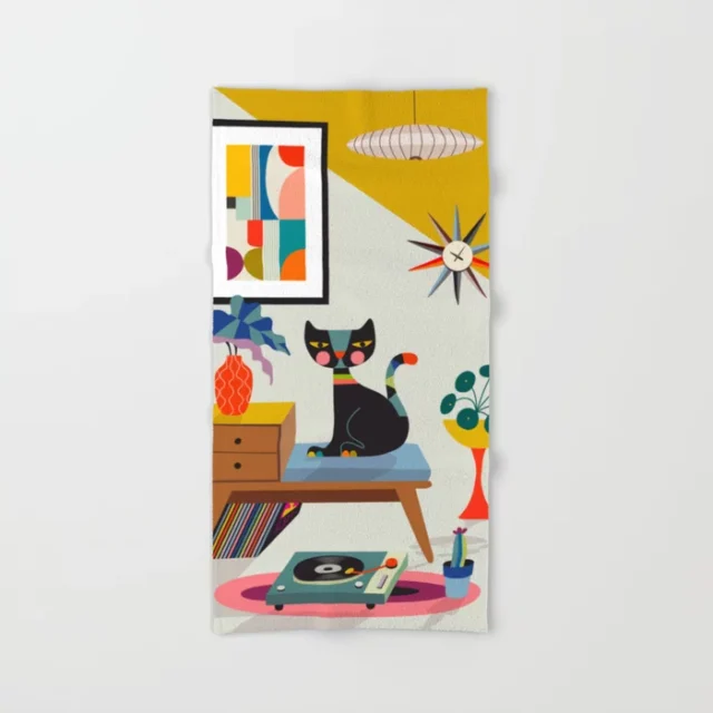 Mid Century Modern Cat Hand & Bath Towel