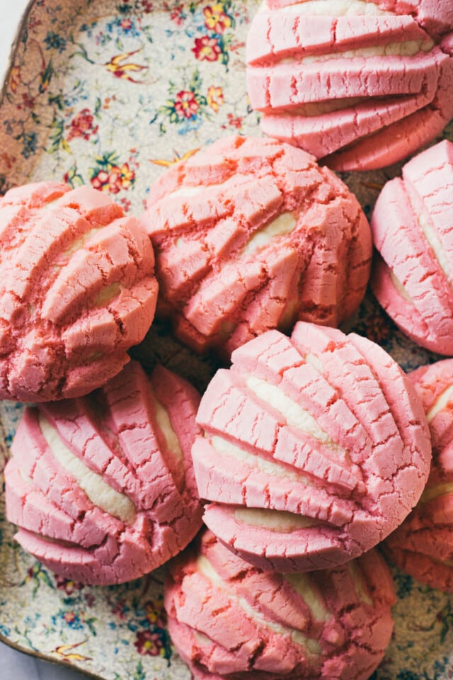 Pink conchas pan dulce for valentines day desserts