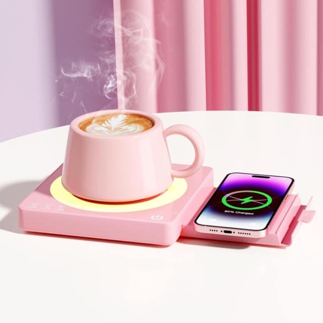 Pink Mug Warmer with 15W Wireless Charging for cute accessories for desk