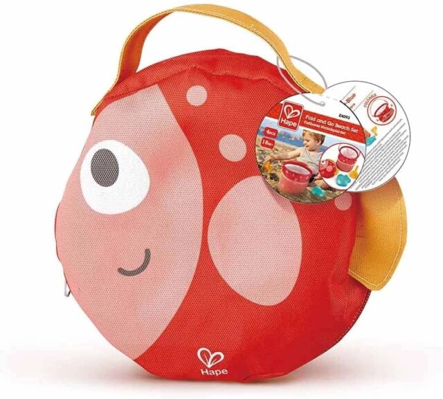 Hape Fold and Go Beach Toy Sets with Easy Carry Cavas Bag| Beach Toy Playset with Bucket for Toddlers 18M+