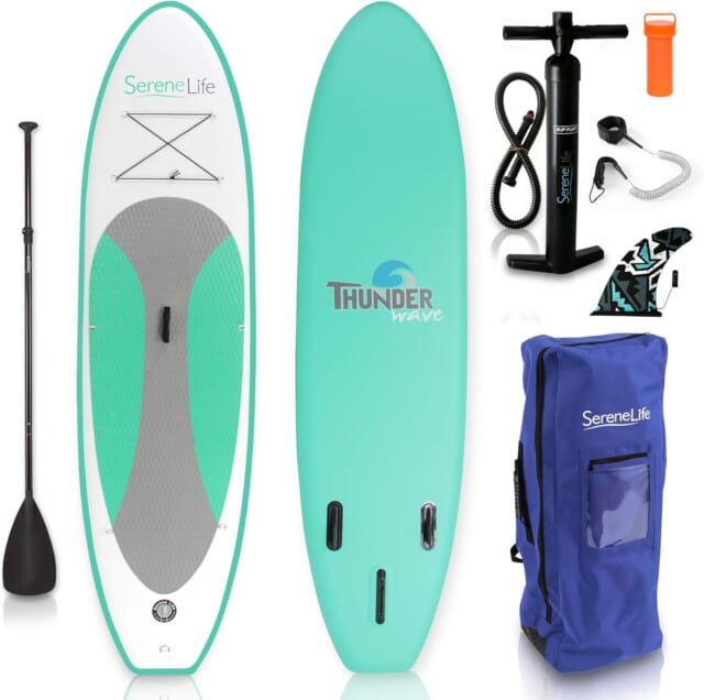 SereneLife Inflatable Stand Up Paddle Board with Premium SUP Accessories – Wide Stable Design with Non-Slip EVA Deck Pad for Adults and Youth for best beach toys