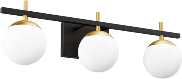 Ralbay Mid Century Modern Vanity Lights 3-Light Milky Glass Over Mirror, Black/Golden Wall Light Fixture for Bathroom