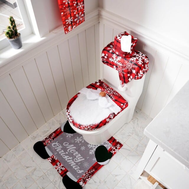 OYIN 5 Pieces Christmas Theme Bathroom Decoration Set w/Toilet Seat Cover, Rugs, Tank Cover, Toilet Paper Box Cover and Santa Towel for Xmas Indoor Décor, Party Favors (Gnome)
