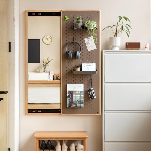 Wayshome 47″x33″ Full Length Mirror with Storage, Solid Beech Wood Wall Mirror, Multifunctional Design Panel Moveable