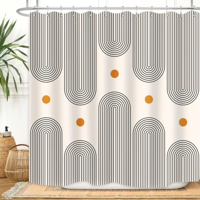 Mid Century Shower Curtain Boho Minimalist Abstract Arch Sun Simple Lines Geometric Modern Beige Bathroom Decor