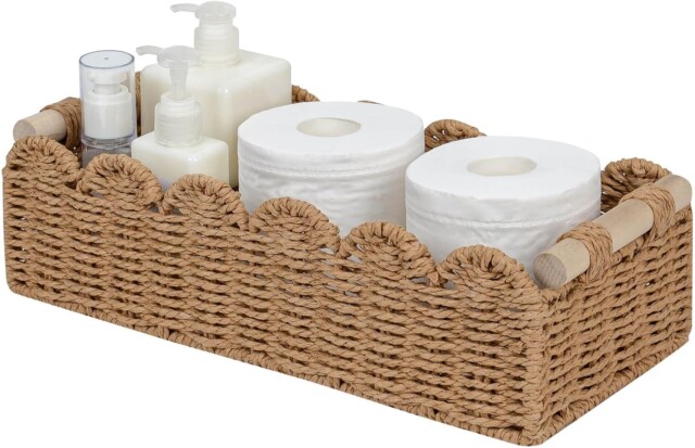 CubesLand Paper Rope Scalloped Edge Toilet Paper Storage Basket, Small Living Room, Bedroom Decor Baskets for Over Toilet Storage Shelf