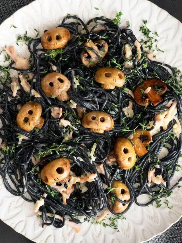 Squid Ink Mushroom Skulls Pasta Recipe for Halloween Food Ideas