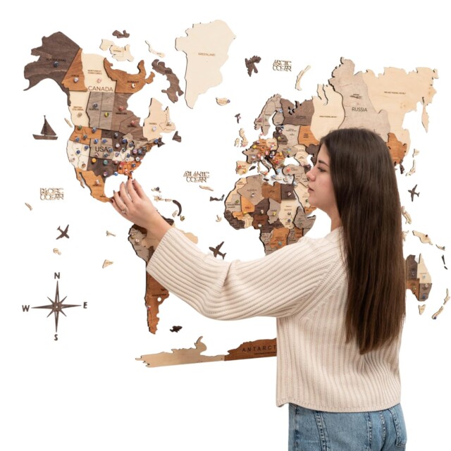 3D Wood World Map Wall