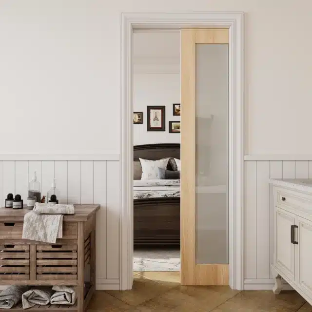 Frosted Glass Bathroom Sliding Closet Door Pine Sliding Pocket Door With Hardware Kit