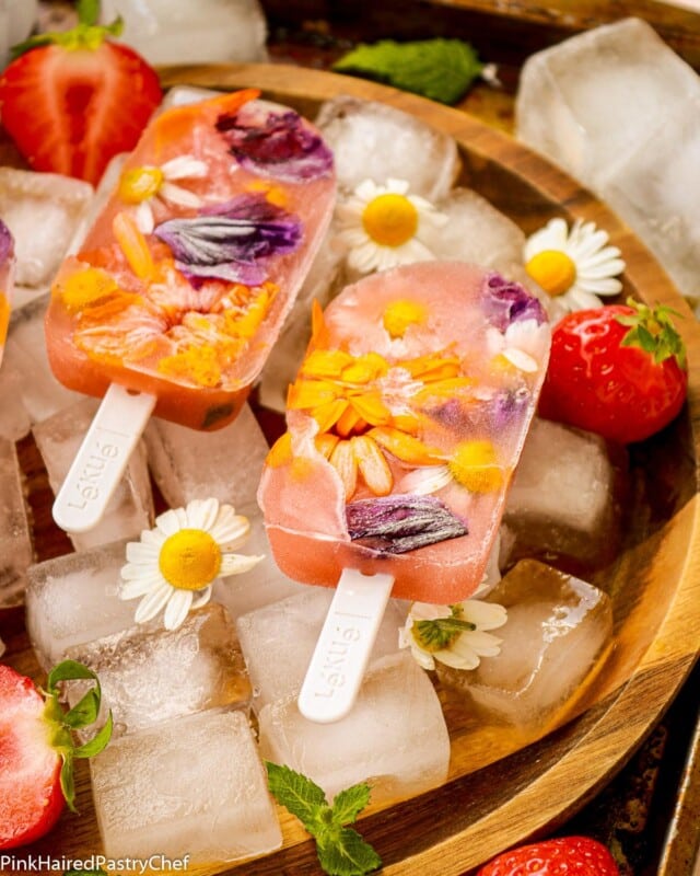 Strawberry Hemp Floral Frozen Popsicles for recipes with edible flowers