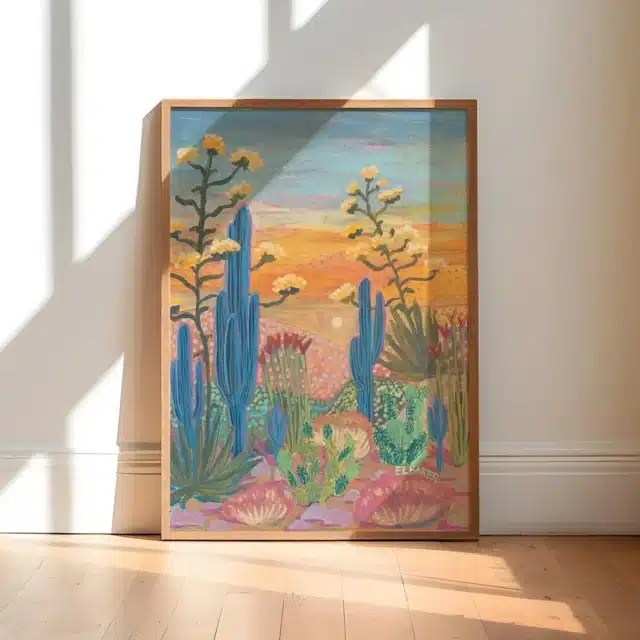 Saguaro Cactus Print- Pink Desert Sunset, Mid-Century Modern Wall Art